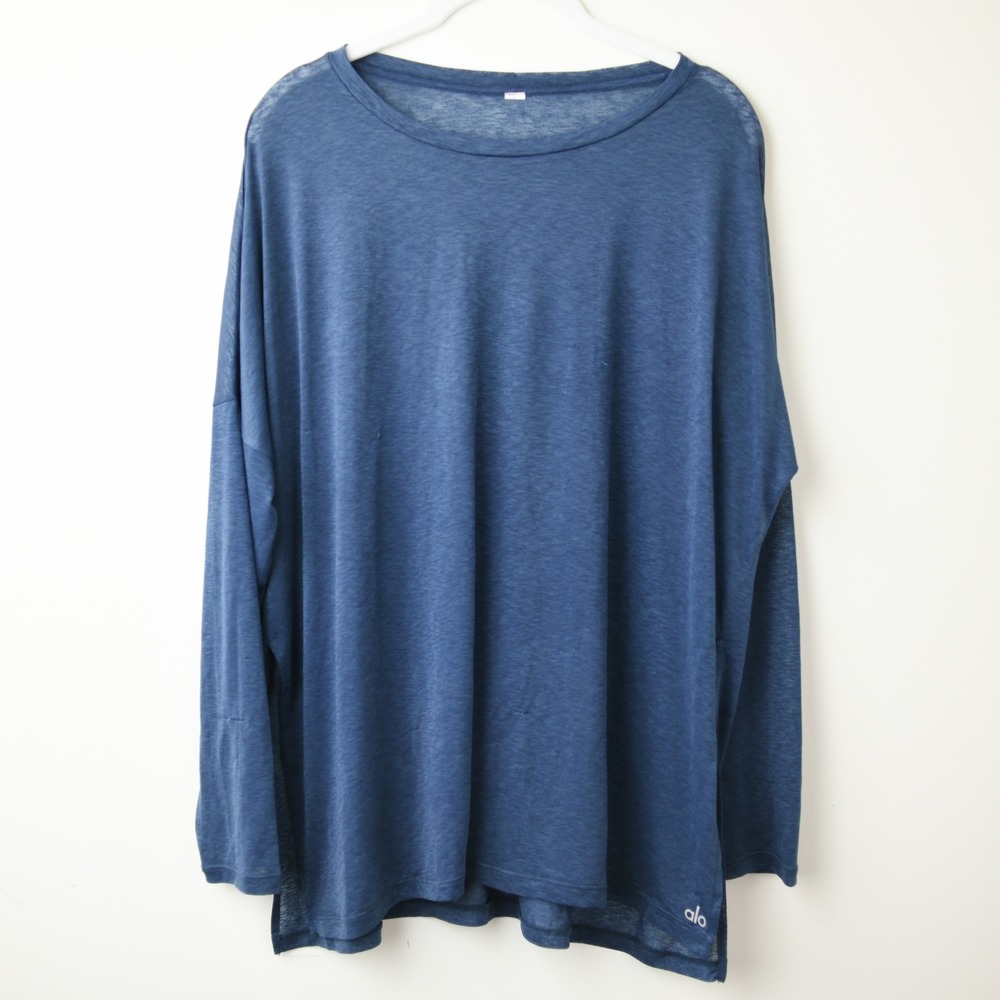 ALO Yoga Arrow Top Womens M Teal Blue Green Oversized Shear Pullover FLAWS